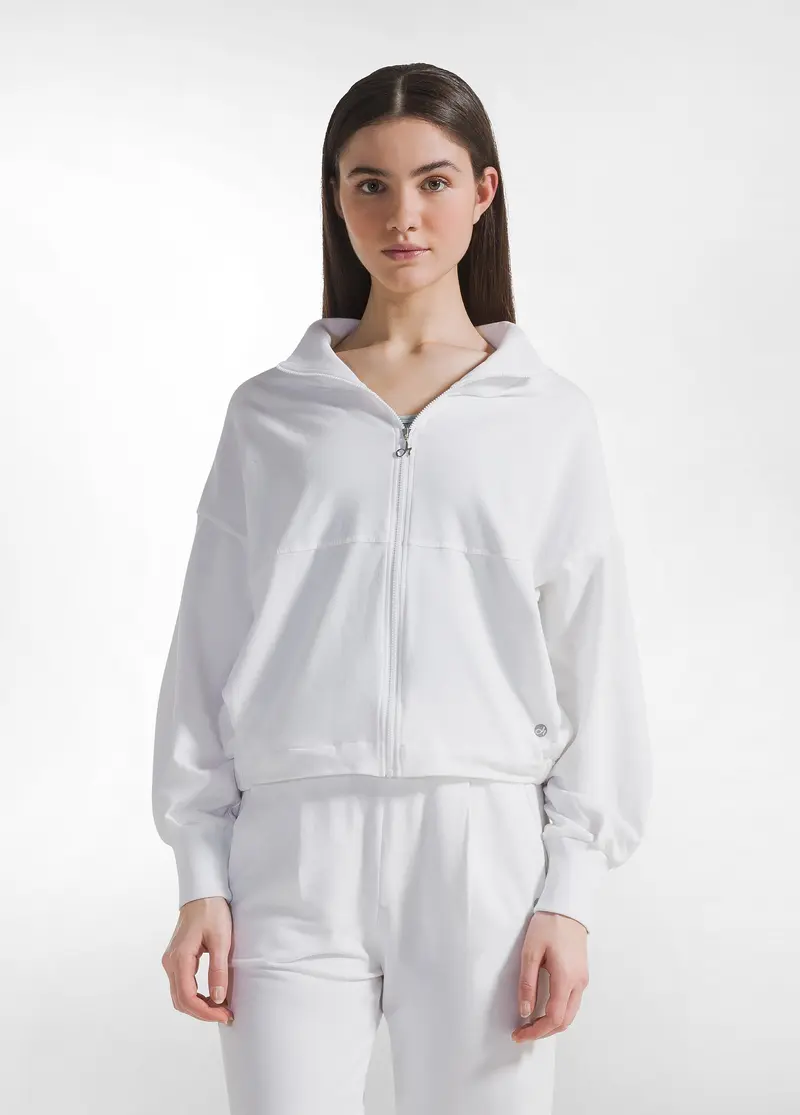 FELPA CON ZIP COMBINATA LINO-COTONE BIANCO