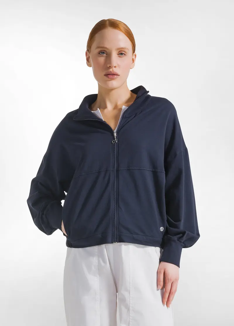 FELPA CON ZIP COMBINATA LINO-COTONE BLU