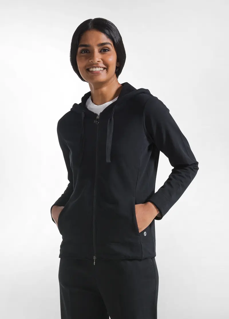 FELPA CON ZIP E CAPPUCCIO IN COTONE STRETCH NERO
