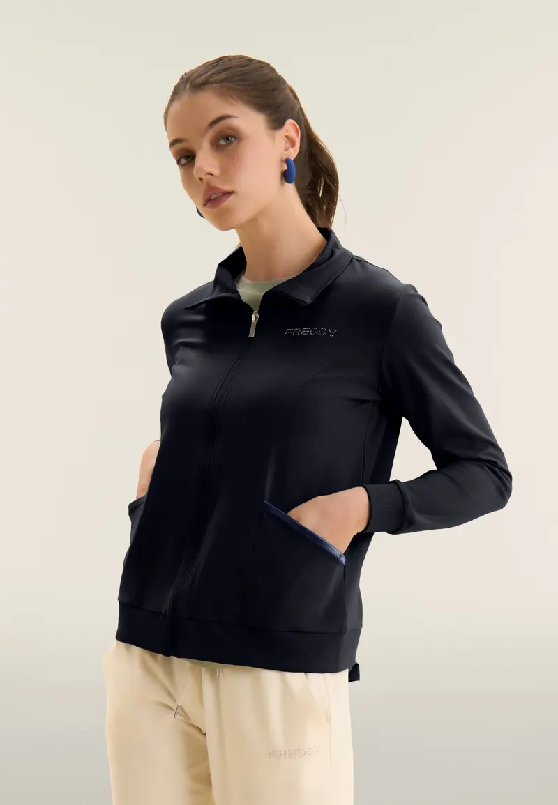 Felpa con Zip e Collo Alto in Jersey Elasticizzato