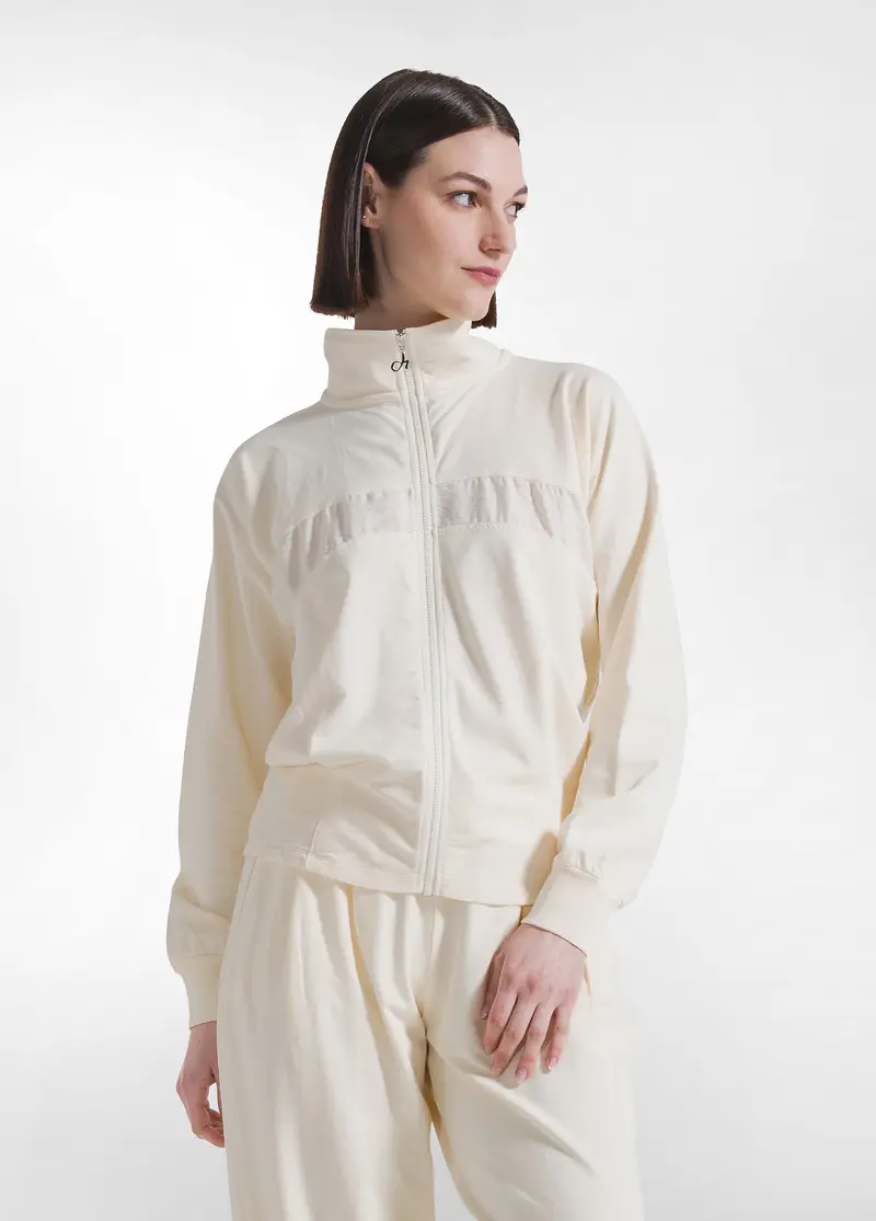 FELPA CON ZIP E DETTAGLIO IN VISCOSA EFFETTO STROPICCIATO BIANCO