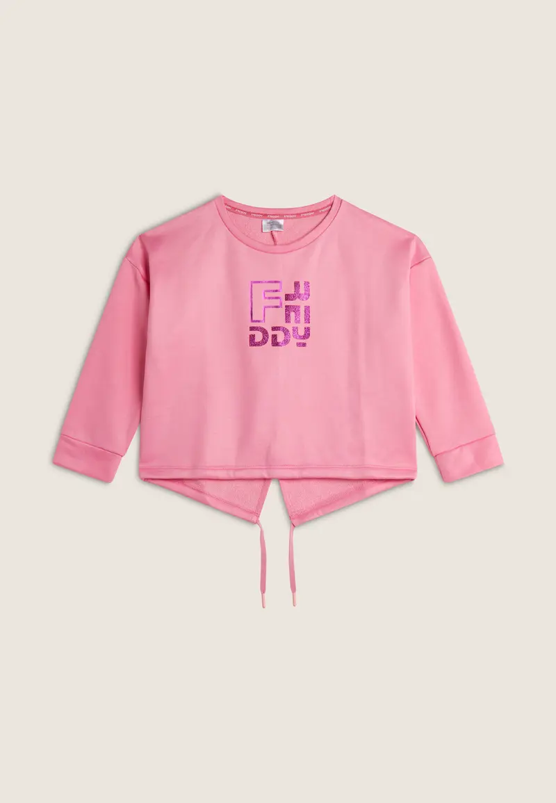 Felpa Corta da Bambina con Stampa Glitter e Fondo Asimmetrico