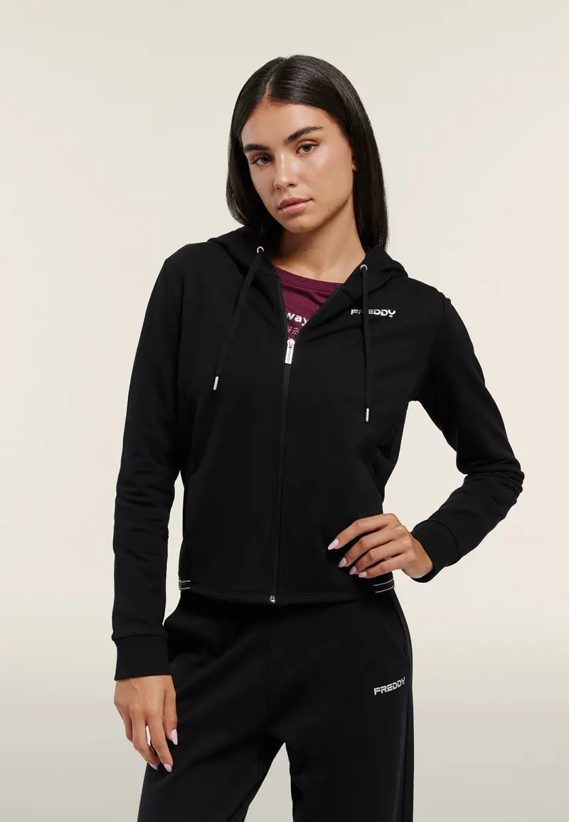 Felpa cropped con cappuccio e zip, inserti elastici logati