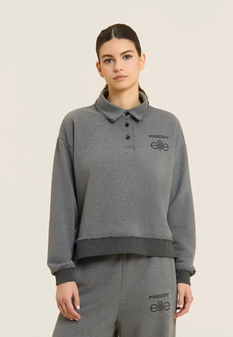 Felpa Cropped Donna Mélange con Scollo Polo Freddy x ELITE