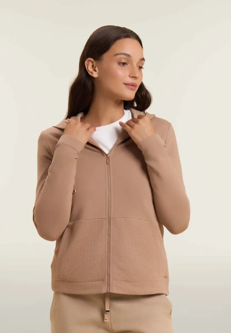 Felpa donna con cappuccio e inserti micro-trecce
