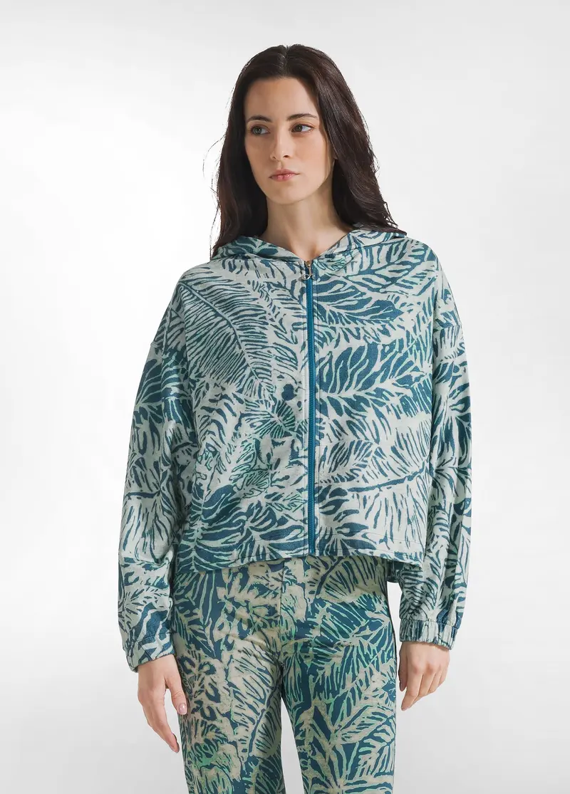 FELPA FIAMMATA STAMPA 'FOGLIE' CON ZIP BLU