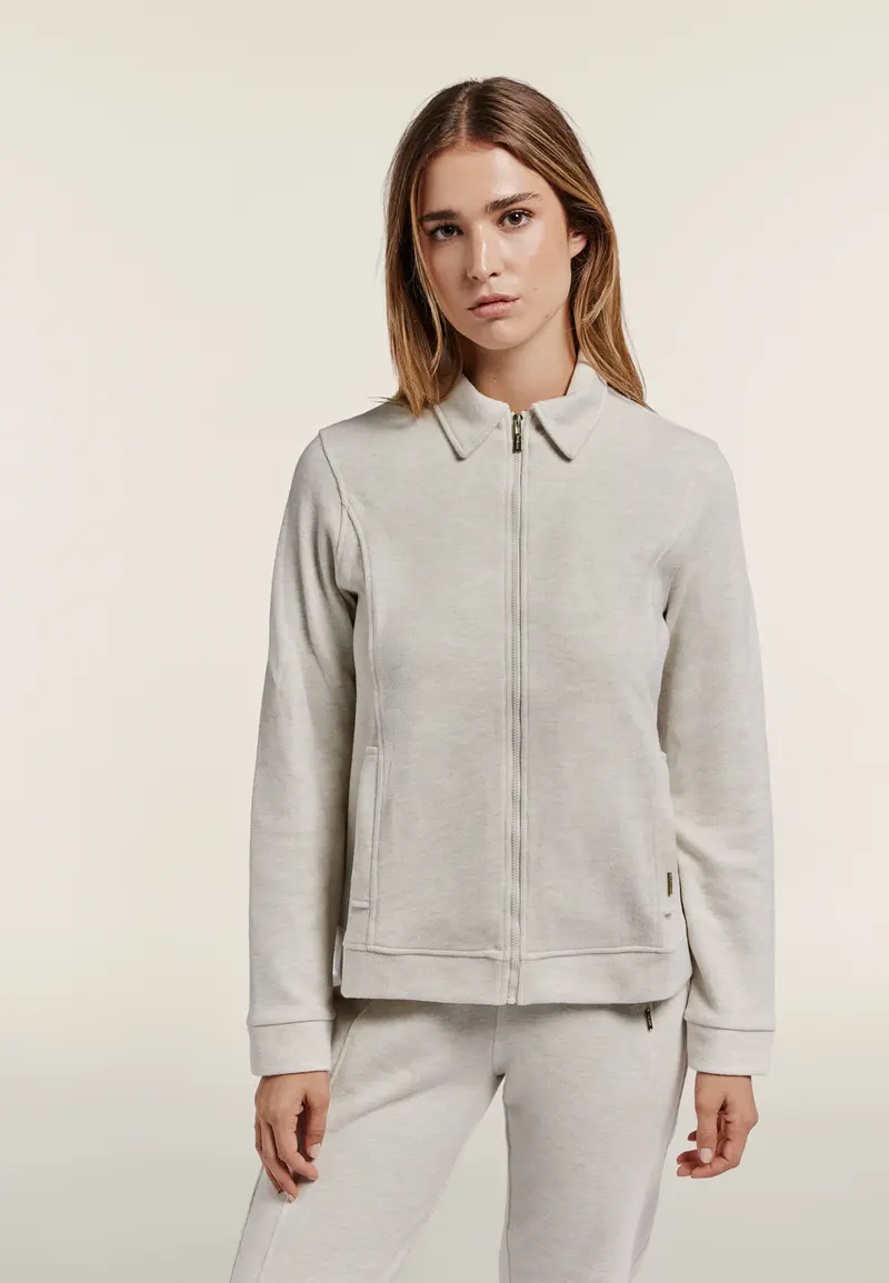 Felpa full zip con collo a camicia in tessuto effetto tricot