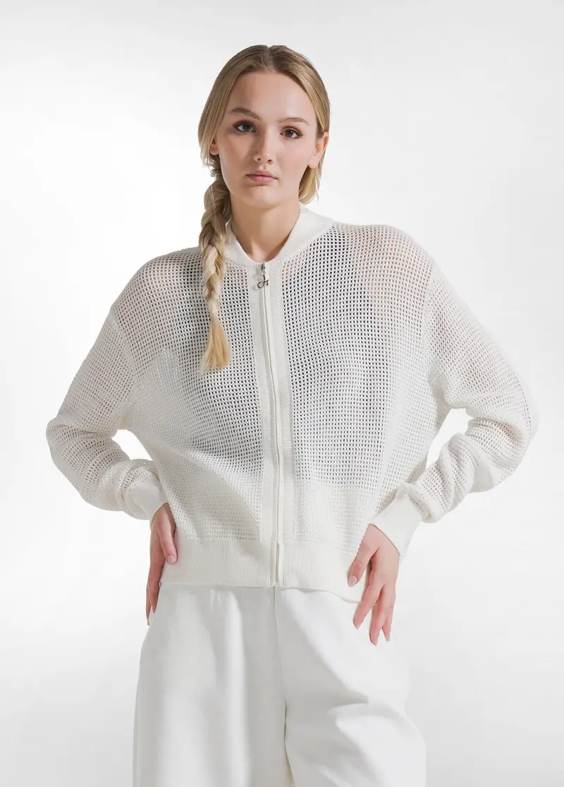 FELPA FULL-ZIP IN COTONE EFFETTO RETE BIANCO