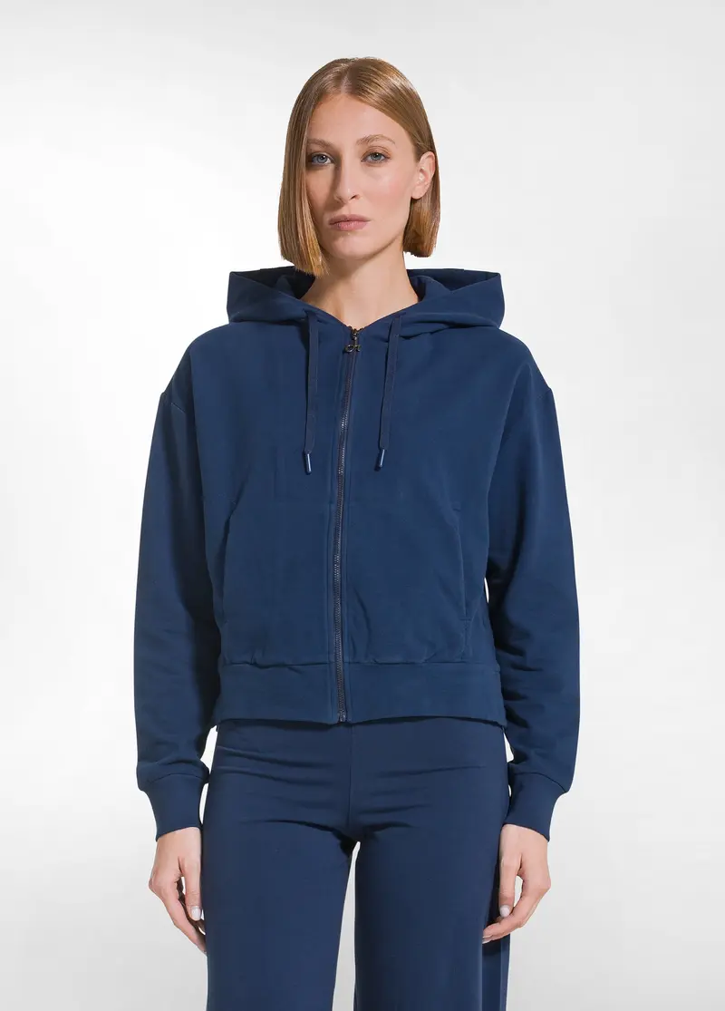FELPA IN COTONE STRETCH CON ZIP E CAPPUCCIO BLU