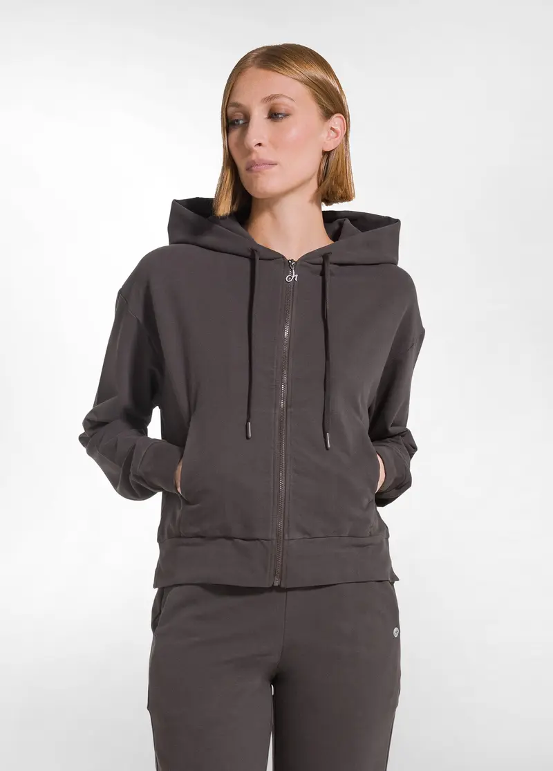 FELPA IN COTONE STRETCH CON ZIP E CAPPUCCIO MARRONE