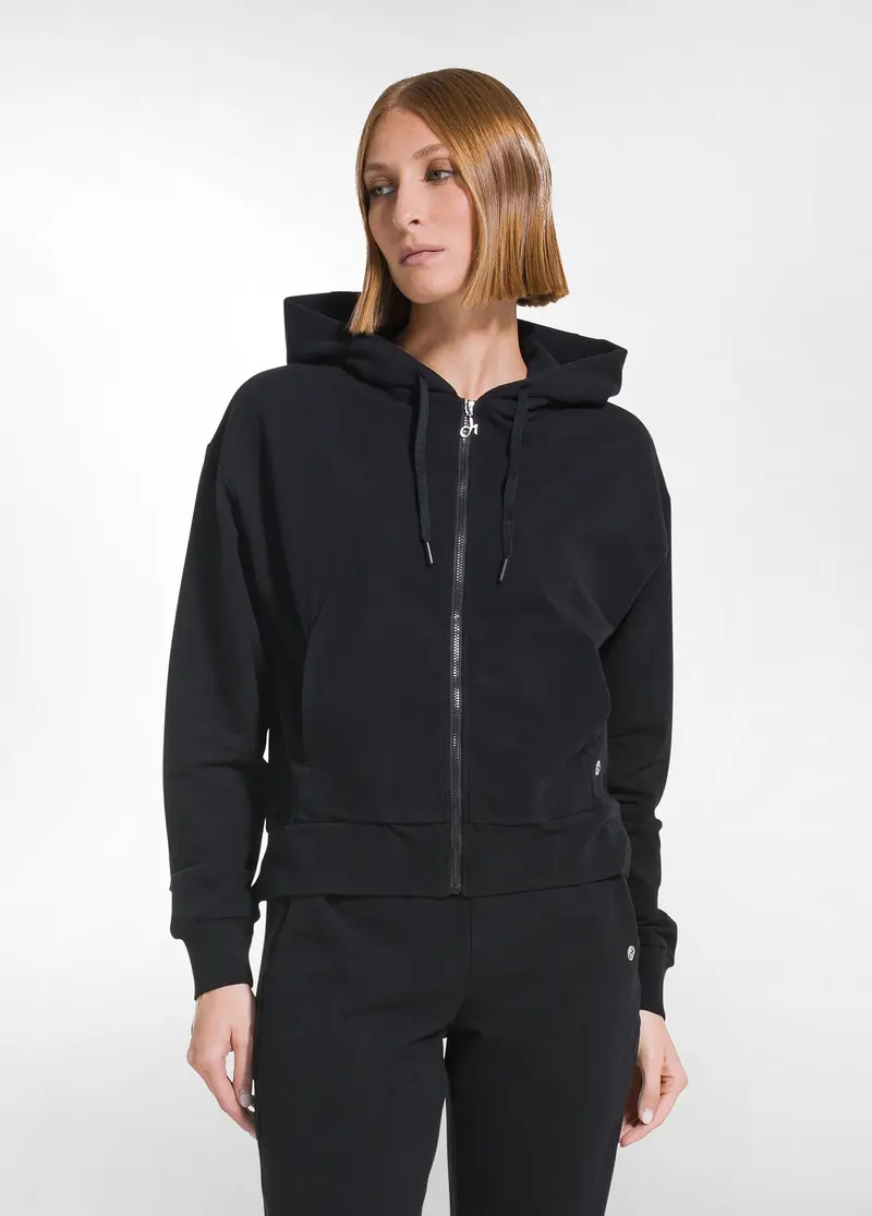 FELPA IN COTONE STRETCH CON ZIP E CAPPUCCIO NERO
