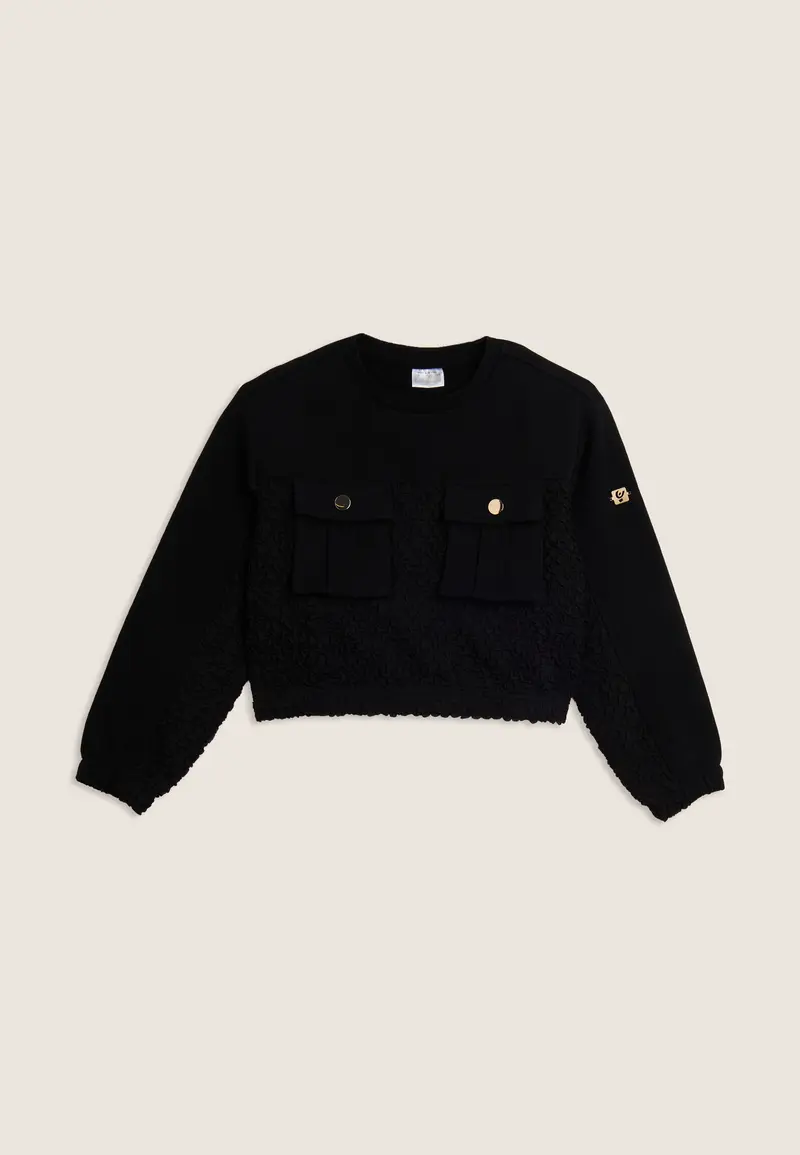 Felpa Junior cropped in pile teddy con tasche al petto