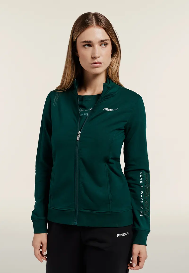 Felpa regular con zip e collo alto, logo ricamato su manica