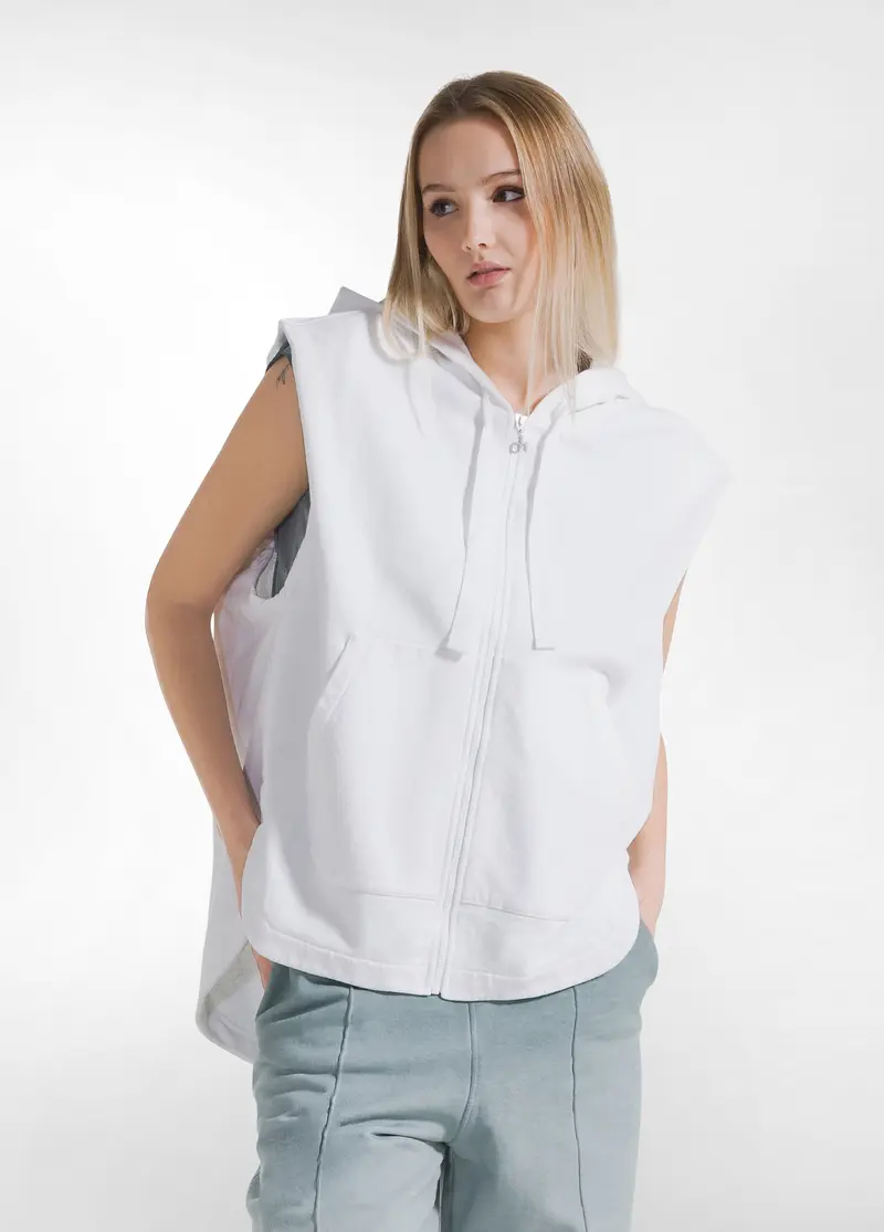 FELPA SMANICATA CON ZIP EFFETTO SFUMATO BIANCO
