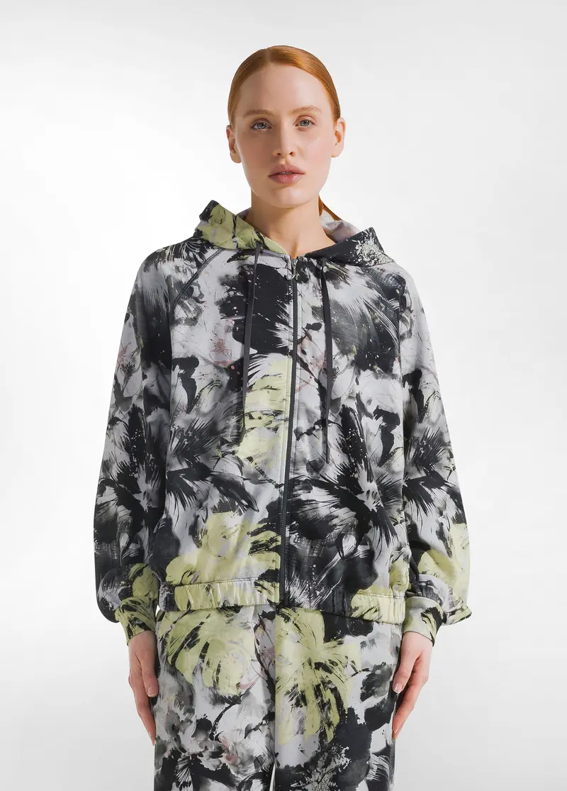 FELPA STAMPA FLOWER CON CAPPUCCIO E ZIP GRIGIO