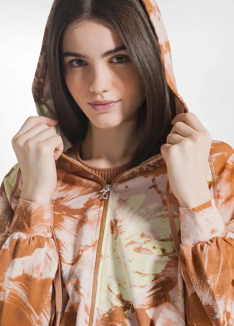 FELPA STAMPA FLOWER CON CAPPUCCIO E ZIP MARRONE