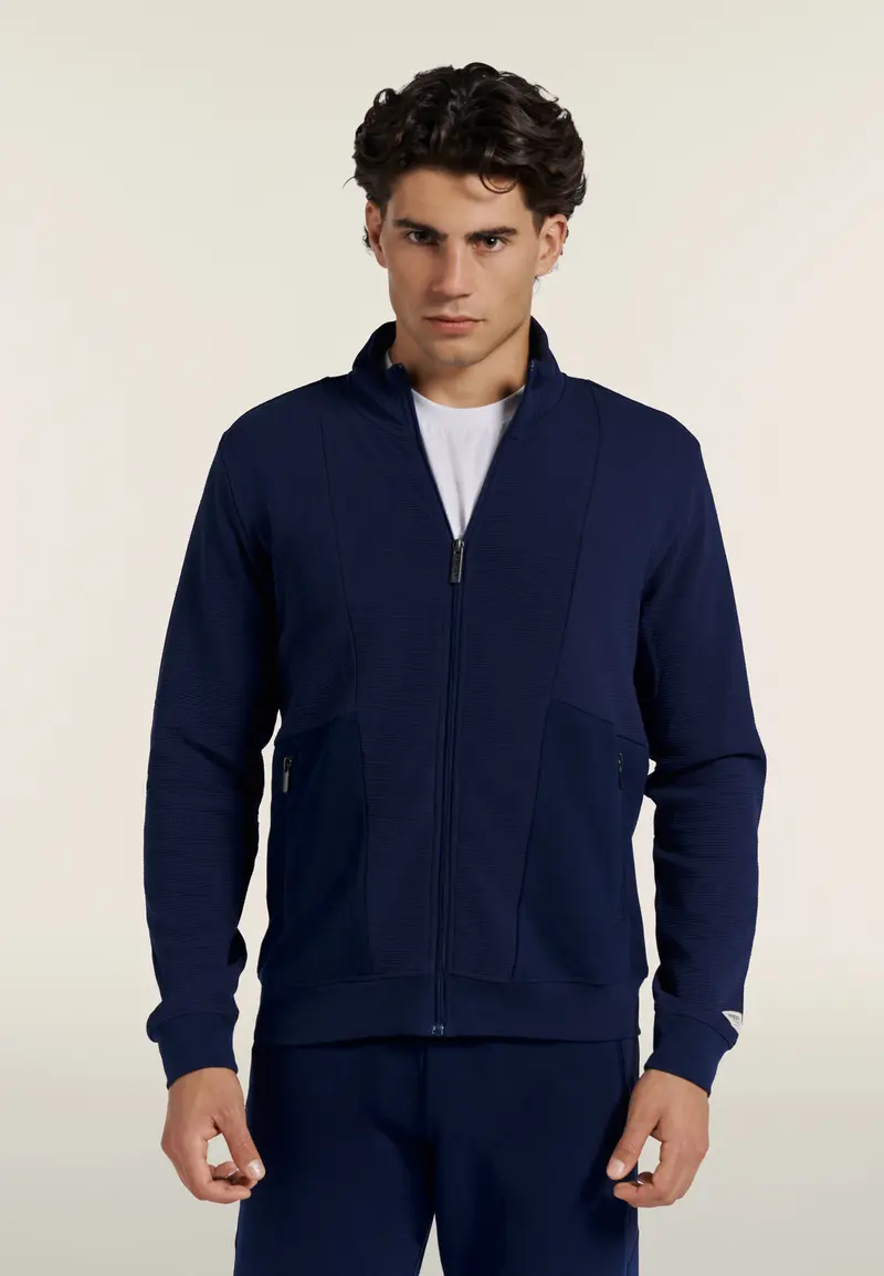 Felpa Uomo in Tessuto Bonded a Quadri con Zip e Collo Alto