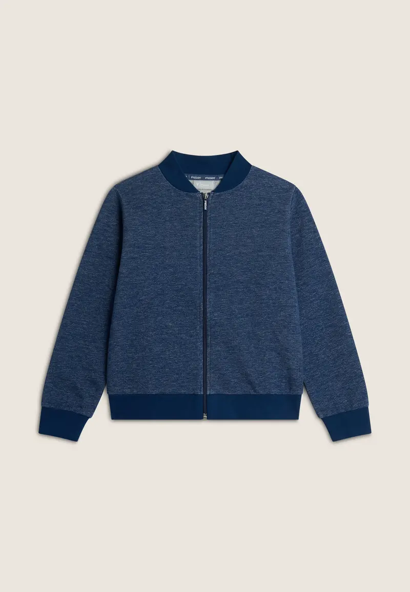 Felpa Zip Bambina/Bambino in Cotone Mélange Effetto Denim