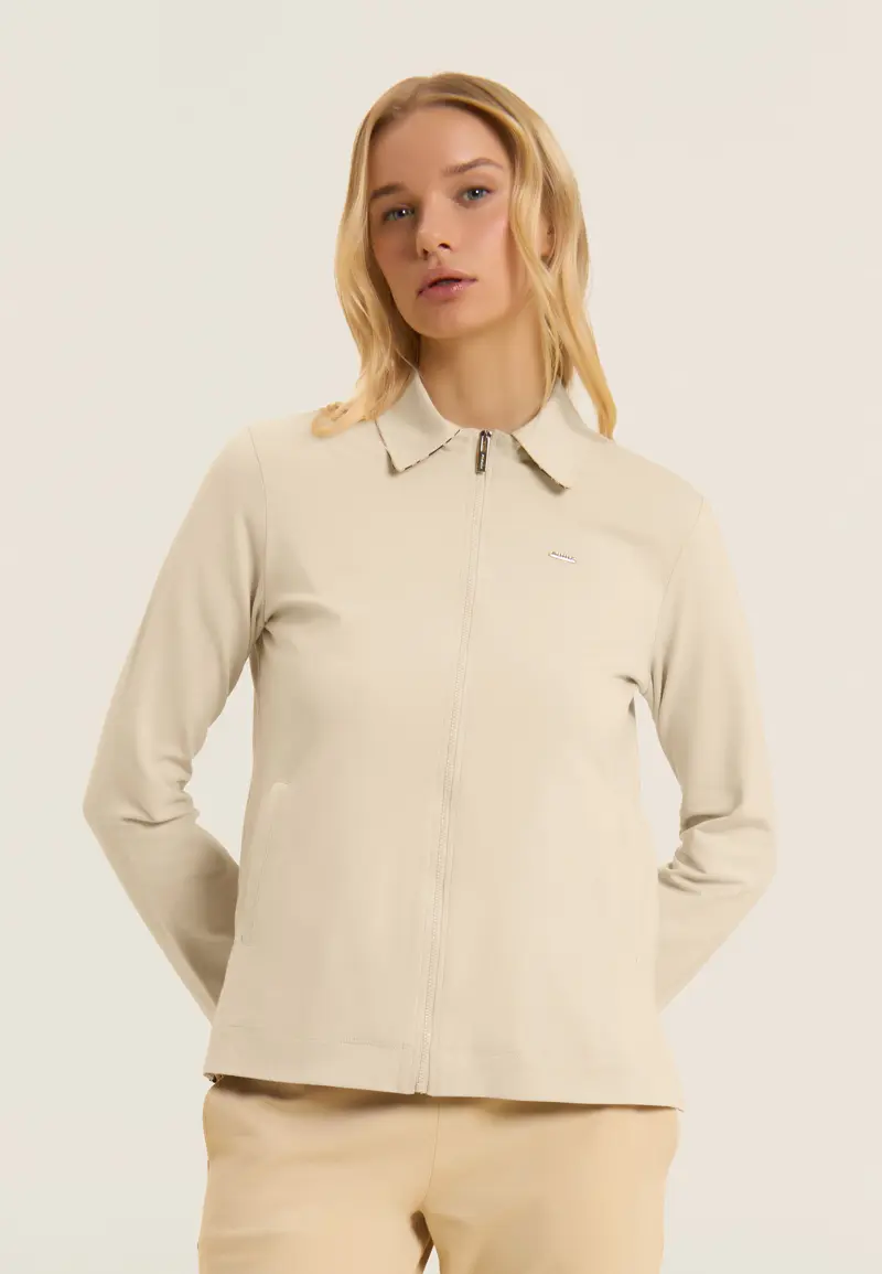 Felpa Zip con Collo a Camicia e Inserti Animalier