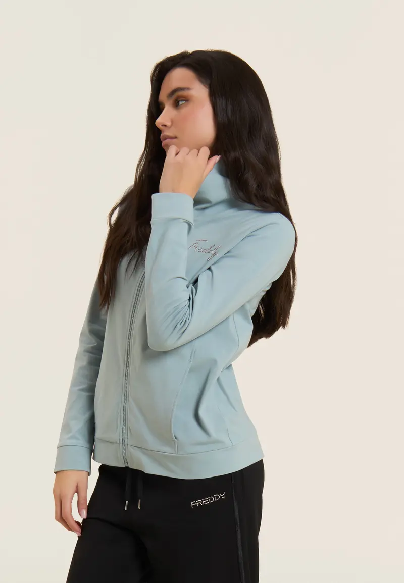 Felpa Zip con Collo Alto e Logo con borchie