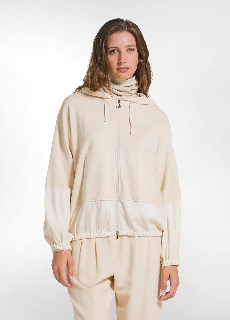 FELPA ZIP E CAPPUCCIO COTONE MODAL E RASO BEIGE