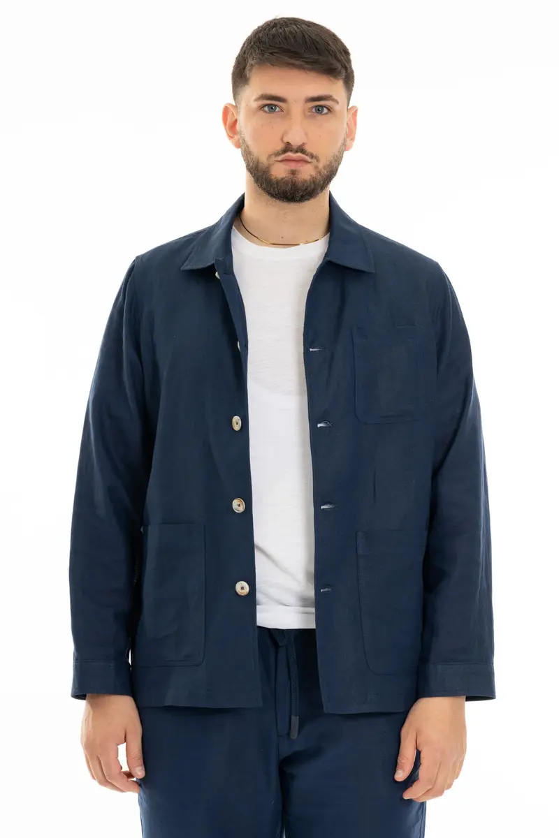 FIFTIETH OVERJACKET UOMO 100% LINO ENGLAND BLU