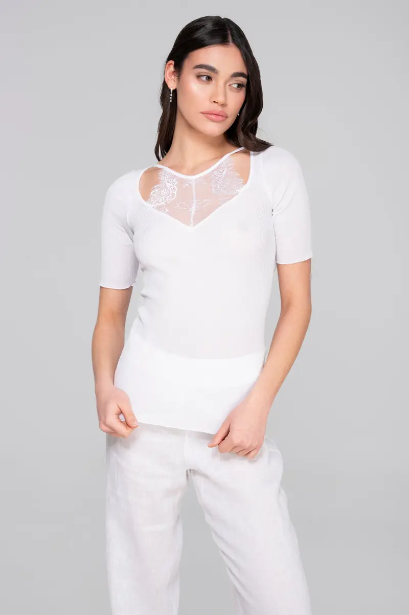 Filoscozia short sleeve ribbed top with chantilly lace 7526