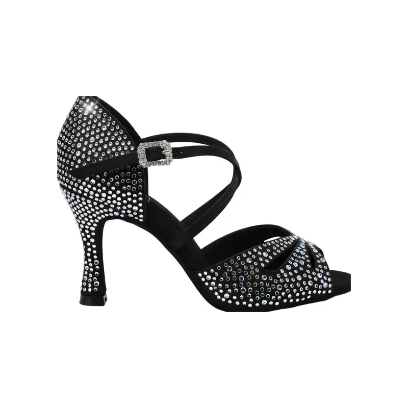FLAVIA Dreams Deluxe (L2/L642CE) - Scarpa da Ballo Salsa in Raso Nero con Strass Boreali e Tacco a Rocchetto