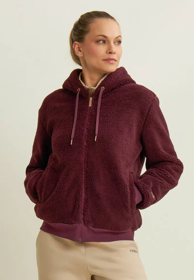 Giacca da donna in pile sherpa con cappuccio e zip