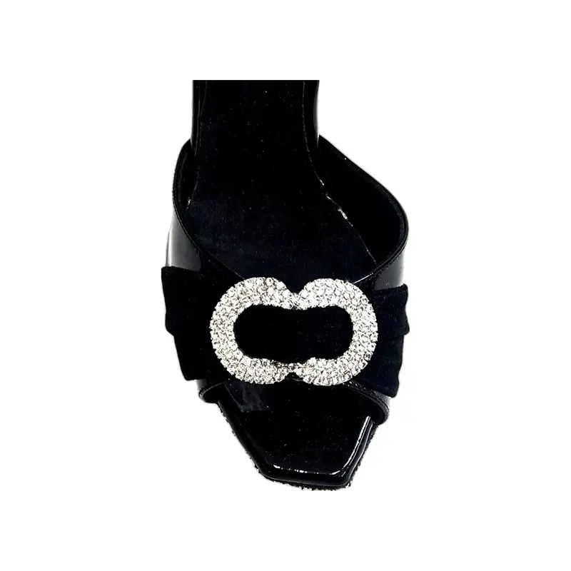 GILDA SW  F.626  (R.L. by WISHDANCE)  Sandalo da Ballo Salsa Donna in Pelle di Vernice nera Camoscio Nero con Gioiello Swarovski Kristall incastonato tacco a Spillo Largo