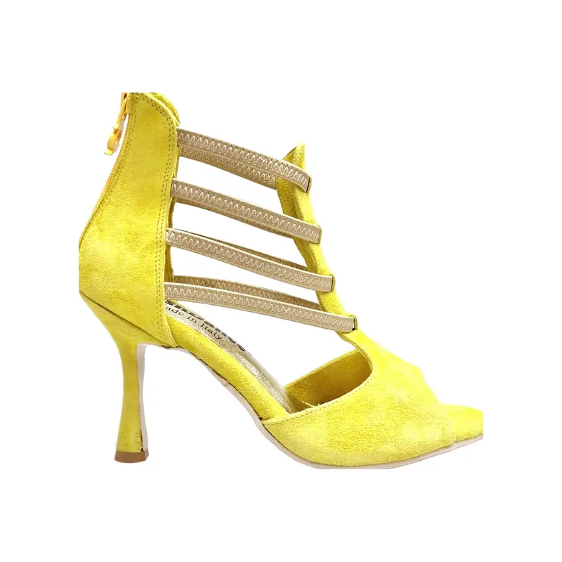 GIOVANNA (460ZIP PW) - Sandalo da Ballo Salsa Donna in Camoscio Giallo con zip ed elastici Oro Tacco a Rocchetto Slim