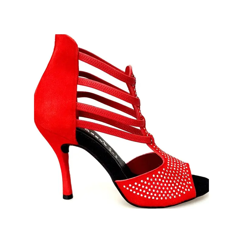 Hera (460) - Sandalo da Ballo Latino Americano Donna in Camoscio Rosso con Borchie Silver a Specchio e Tacco a Rocchettino sottile Squadrato