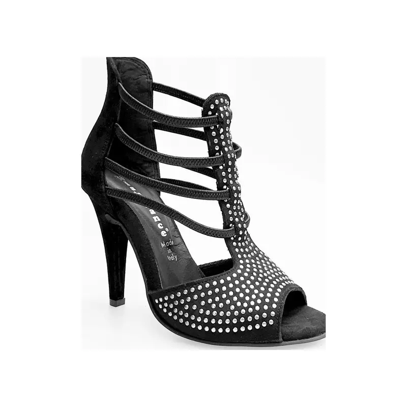 Hera Black (460) - Sandalo da Ballo Salsa Donna in Camoscio Nero con Borchiette Argento a Specchio Tacco a Spillo Largo Alto