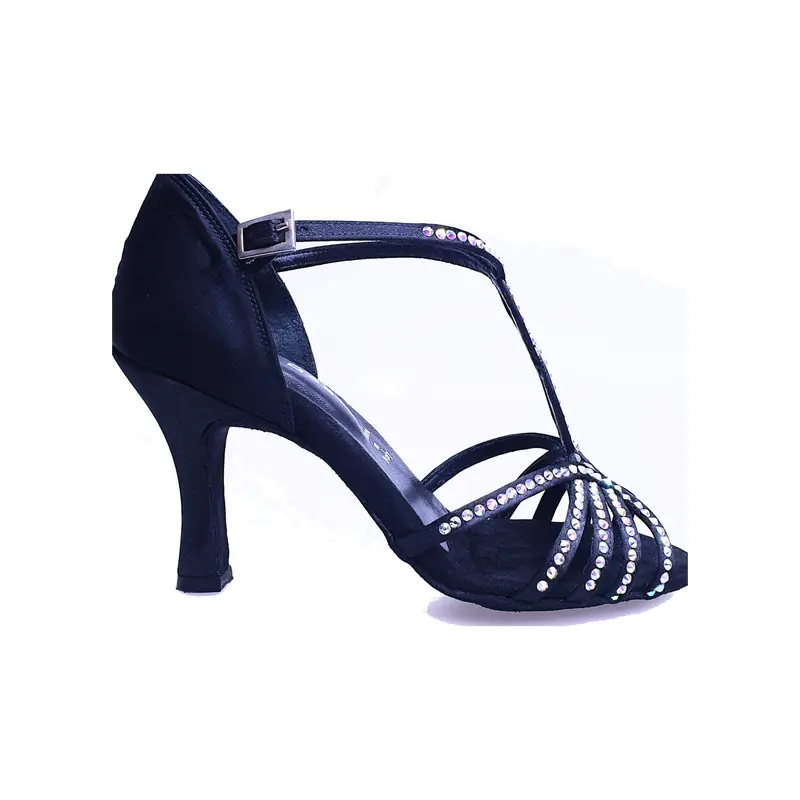Infinity (BI-Flex) - Scarpa da Ballo Latino Americano Donna in Raso Seta Nero con Swarovski Parziali solo avanti e Fondo Extraflex Competition