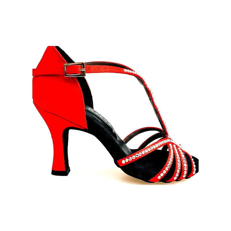 Infinity (BI-Flex) - Scarpa da Ballo Latino Americano Donna in Raso Seta Rosso con Swarovski Parziali solo avanti e Fondo Extraflex Competition (Confort)