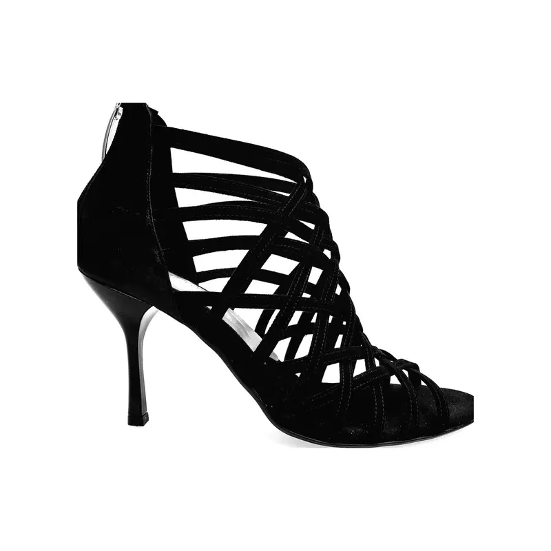 Intrigo (780) - Scarpa da Ballo Salsa Donna in Camoscio Nero Tallone in Lurex Nero con Tacco a Stiletto  Smaltato nero