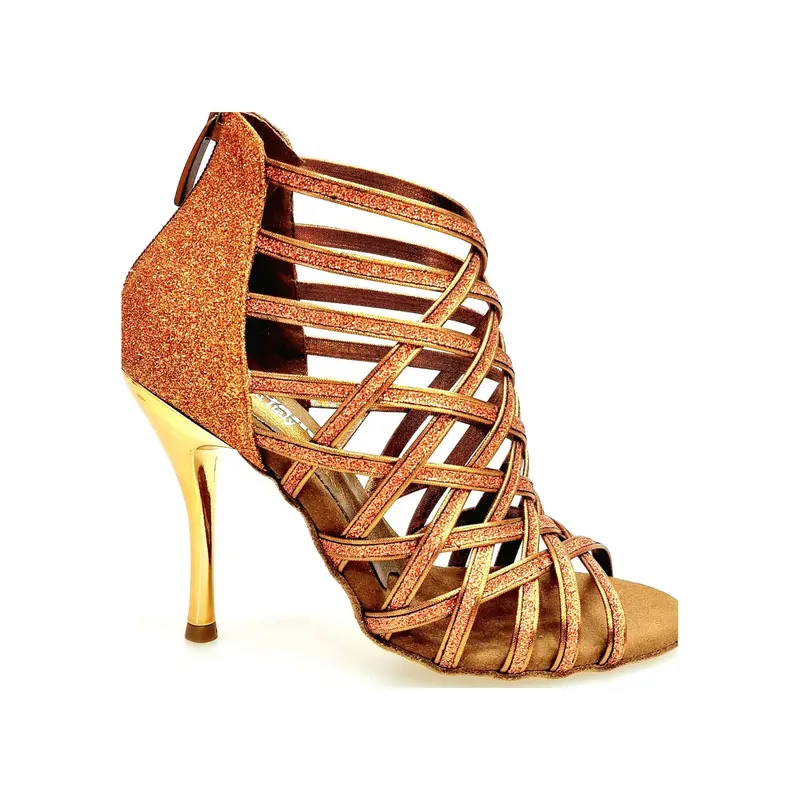 Intrigo (780) - Scarpa da Ballo Salsa Donna in Glitter Bronzo con Tacco a Spillo Laminato Oro Ramato