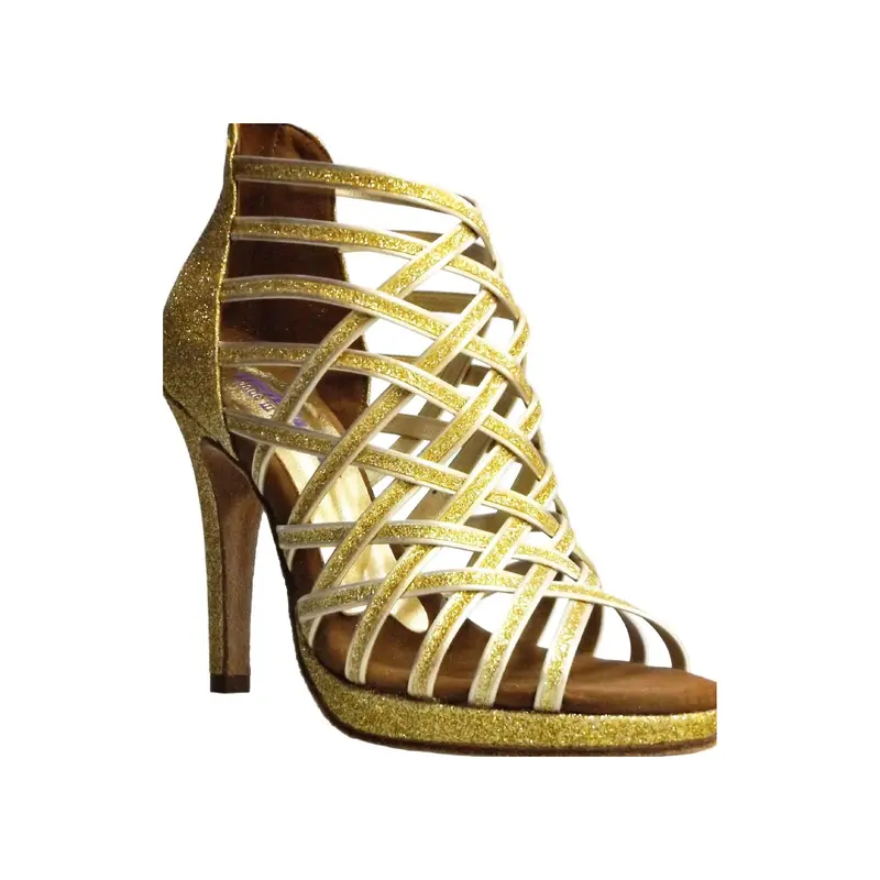 Intrigo (780) - Scarpa da Ballo Salsa Donna in Glitter Oro con Tacco a Spillo e Plateau
