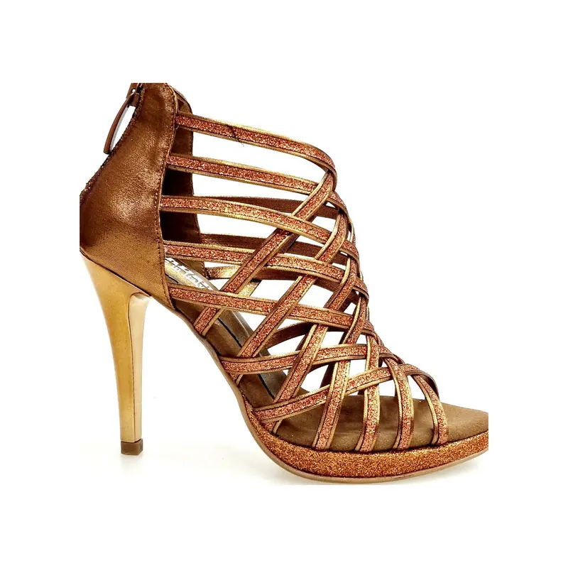 Intrigo (780PLT) - Scarpa da Ballo Salsa Donna in Glitter Bronzo Tallone in Lurex Bronzo con Tacco alto a Spillo Largo Laminato Oro Ramato e Plateau Flex