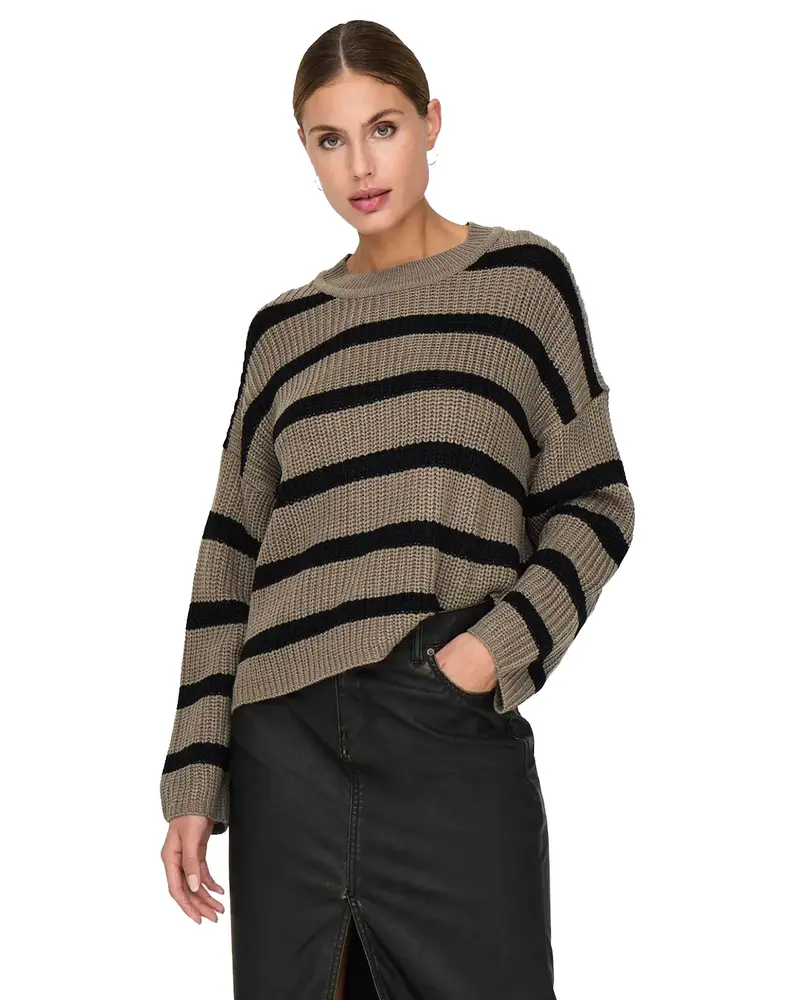 JACQUELINE DE YONG MAGLIONE JUSTY A STRISCE GIROCOLLO DONNA (WALNUT BLACK) 15264902 WLT