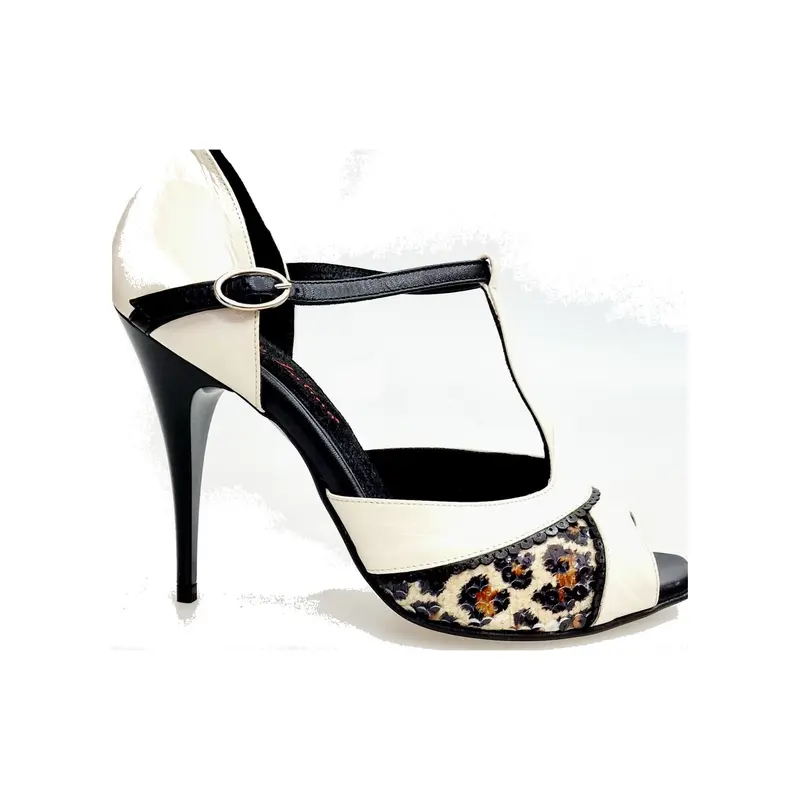 JANIS   F.626 (R.L. by WISH DANCE) - Scarpa in Pelle Beige e Pelle Nera con inserto in Materiale di Paillettes Leopardate Tacco a Spillo Sottile Smaltato Nero - Kizomba