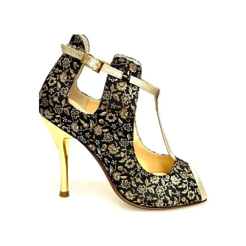 Jenny (18/06) - Scarpa in Cate Fiorato Veneziano Oro e Profili Lurex Oro con Tacco a Spillo Laminato Oro - Salsa