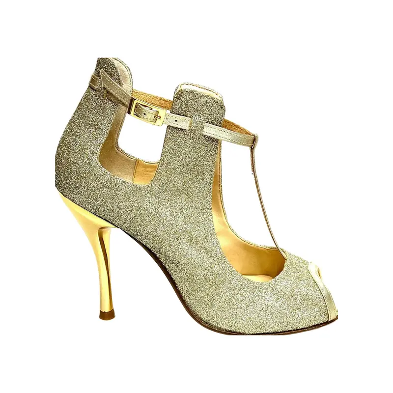 Jenny (18/06) - Scarpa in Glitter Oro Light con dettagli e Cinturini in Lurex Oro Tacco a Spillo Laminato Oro - Latino Americano