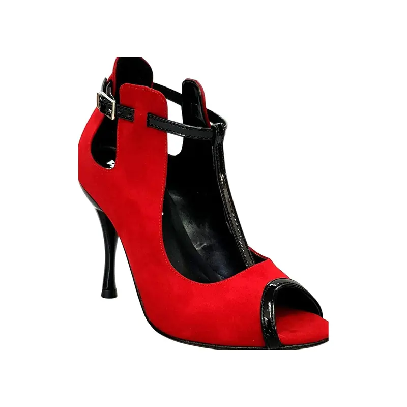 Jenny Red (18/06) - Scarpa in camoscio rosso con dettagli e cinturini in vernice nera - Salsa