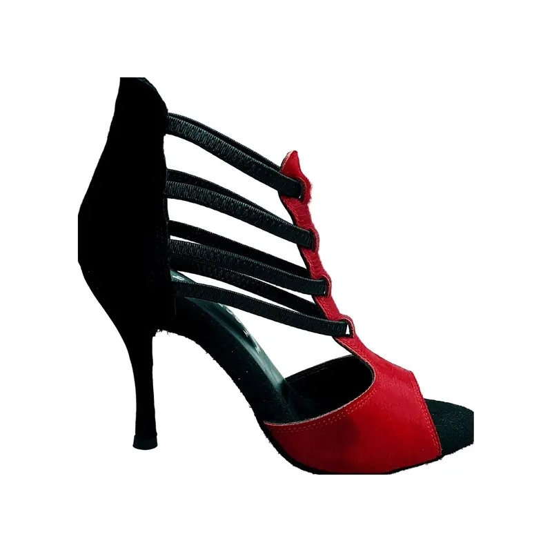 Lilith (460) - Sandalo da Ballo Salsa Donna in Cavallino Rosso pelo corto con Tallone e Tacco in Camoscio Nero tacco a spillo