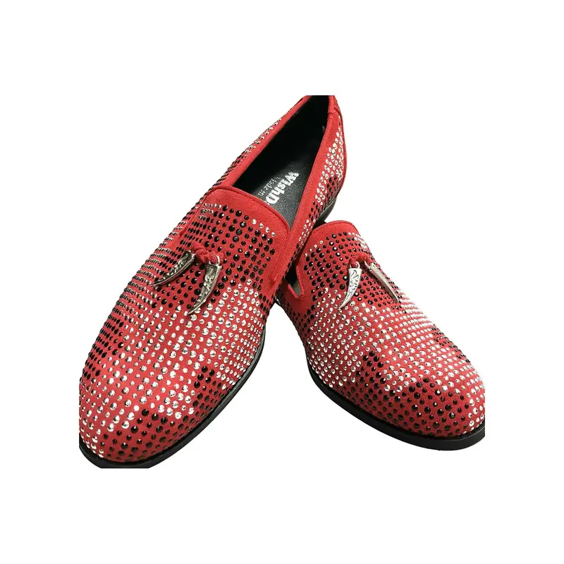 Lion Red Silver Black (PJ) - Mocassino da Ballo Salsa Uomo in Camoscio Rosso con Miniborchie Nere/Argento e Zanne
