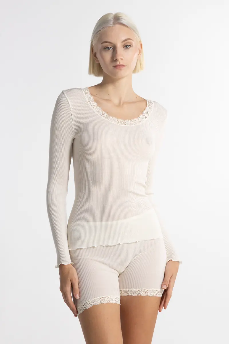 Long-sleeved shirt in wool and silk with Leavers lace 3416