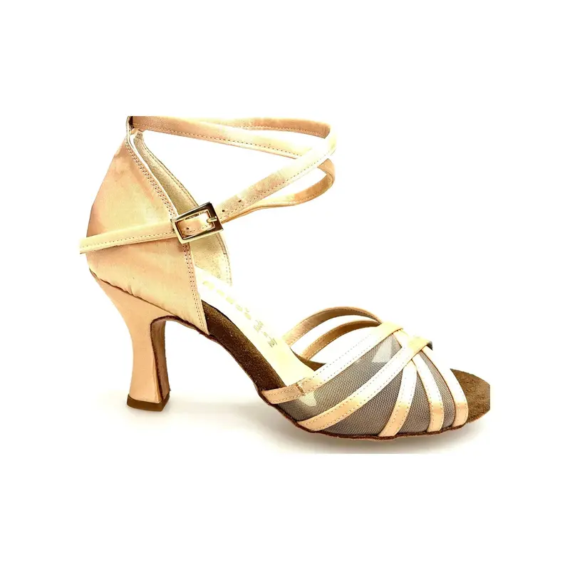 Lorena QB (45R QB) - Scarpa Basica da Ballo Latino Americano Donna in Raso Seta Carne con Retina con Cinturino Doppio sulla Caviglia e Tacco a Rocchetto