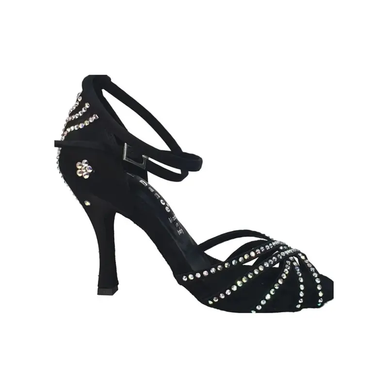 LUENIA QB Plus (45QB) - Scarpa da Ballo Latino Americano da Donna in Raso Seta Nero con 5 strisce Senza Rete cinturino incrociato alla caviglia e Swarovski Disegno Fantasy Tacco a Rocchettino