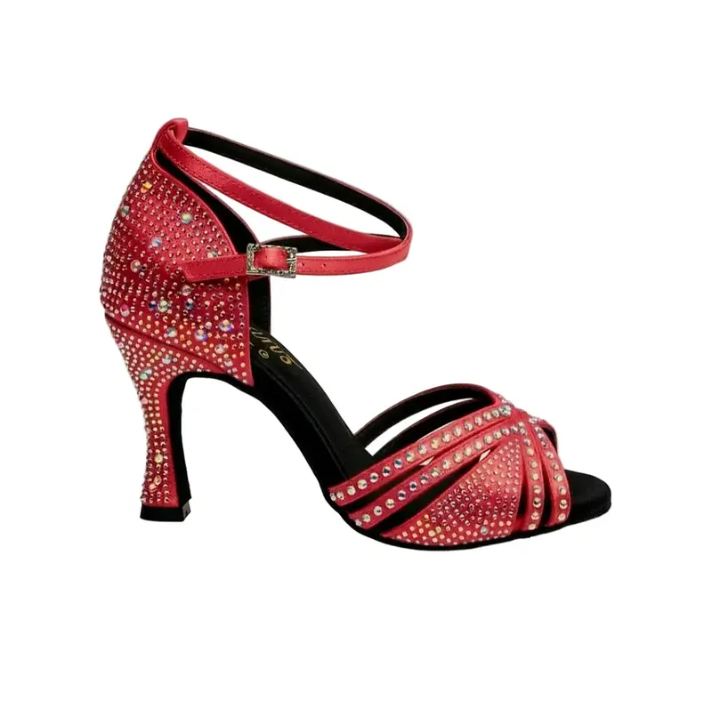 LULY Dreams Red ( L3/L640 ) - Scarpa da Ballo Latino Americano da Donna in Raso Rosso cinturino incrociato alla Caviglia con Strass Boreali Tacco a Rocchetto